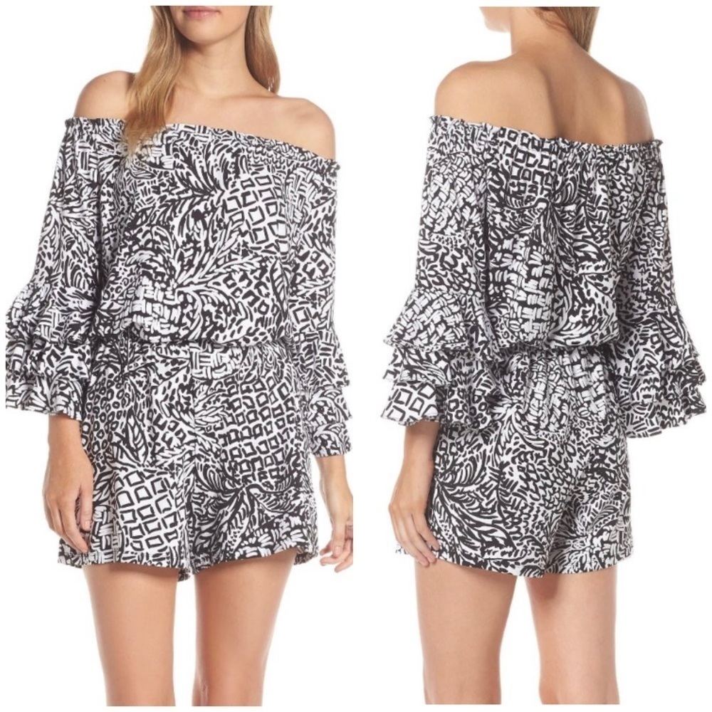 🌟Lilly Pulitzer Calla Off the shoulder Romper Black Onyx Home Slice women’s XXS